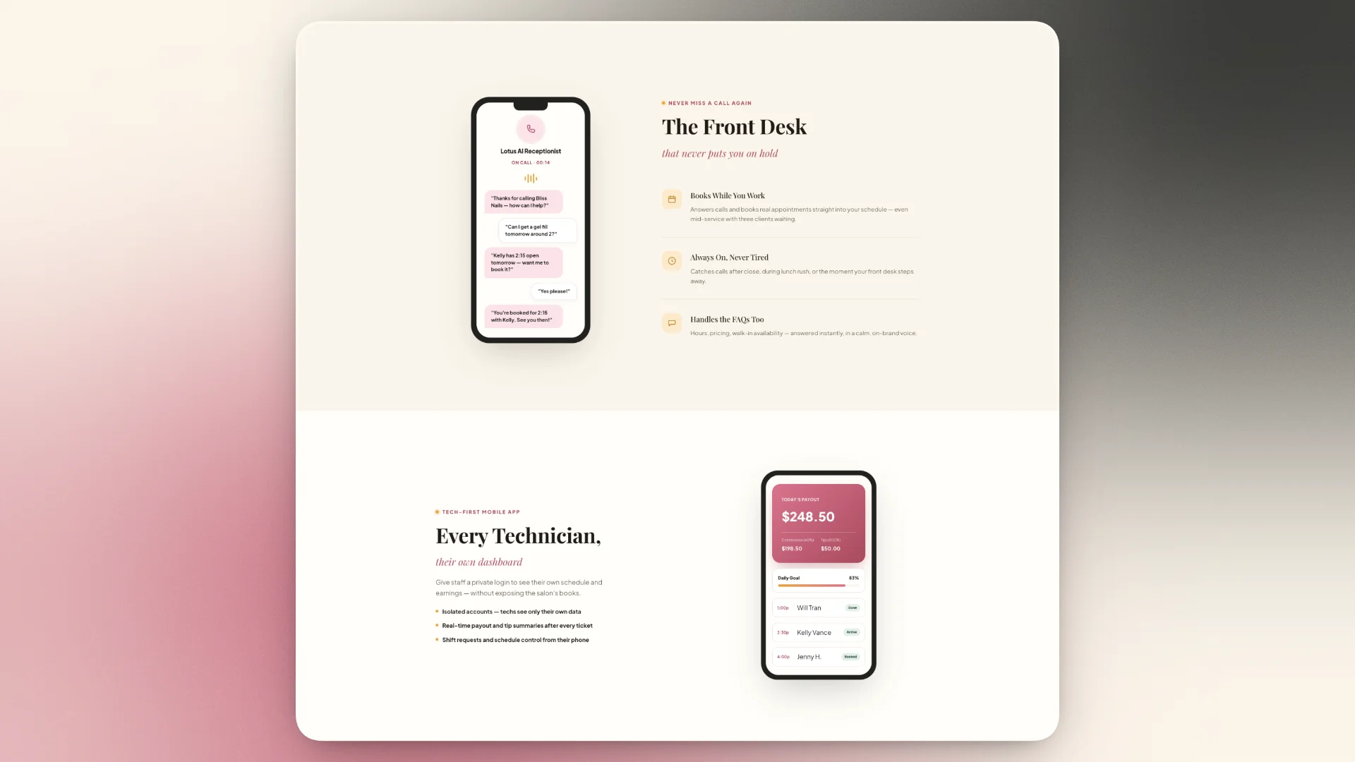 Lotus Ledger — AI Receptionist and Technician dashboard features