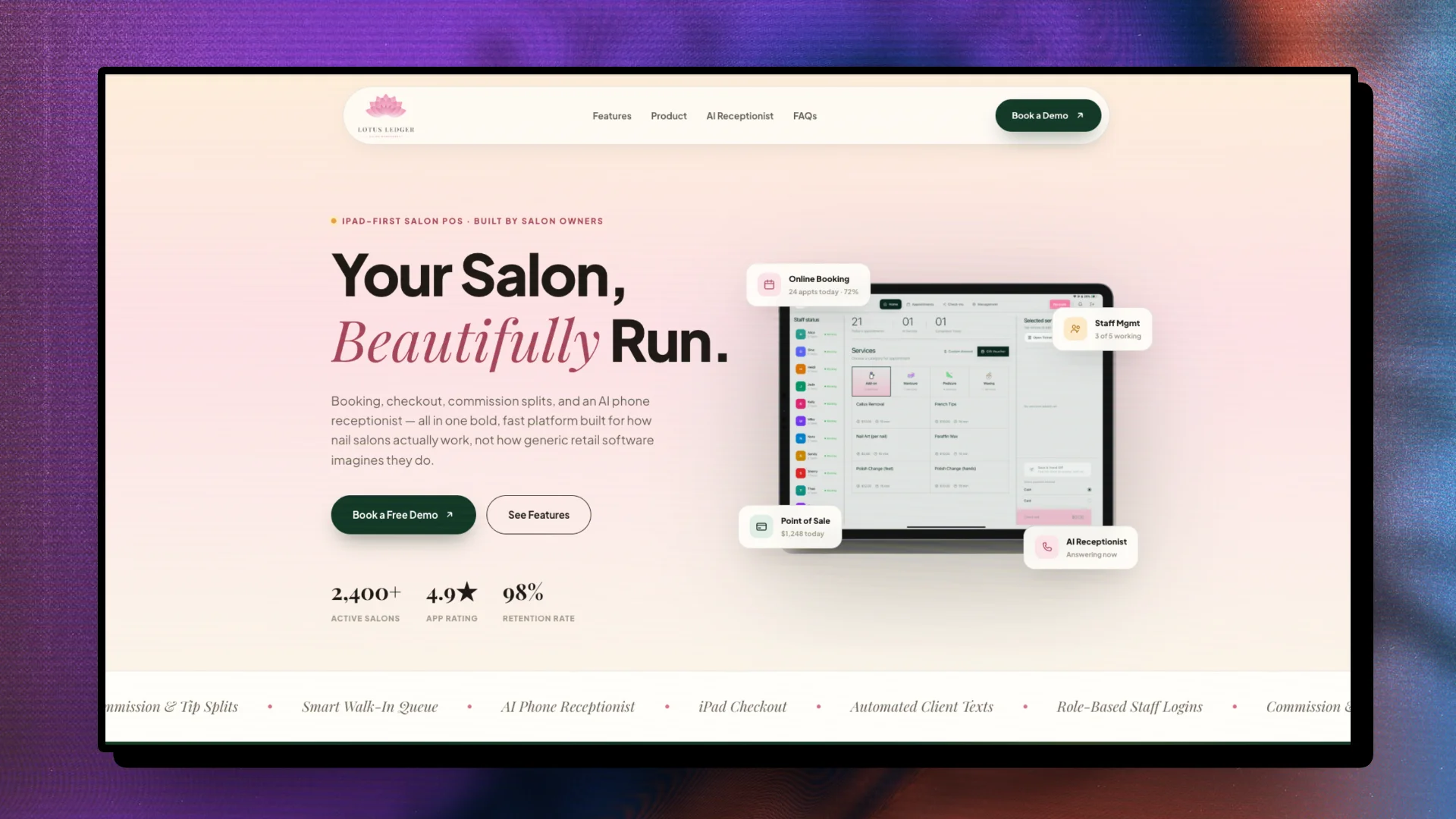 Lotus Ledger salon POS SaaS marketing site